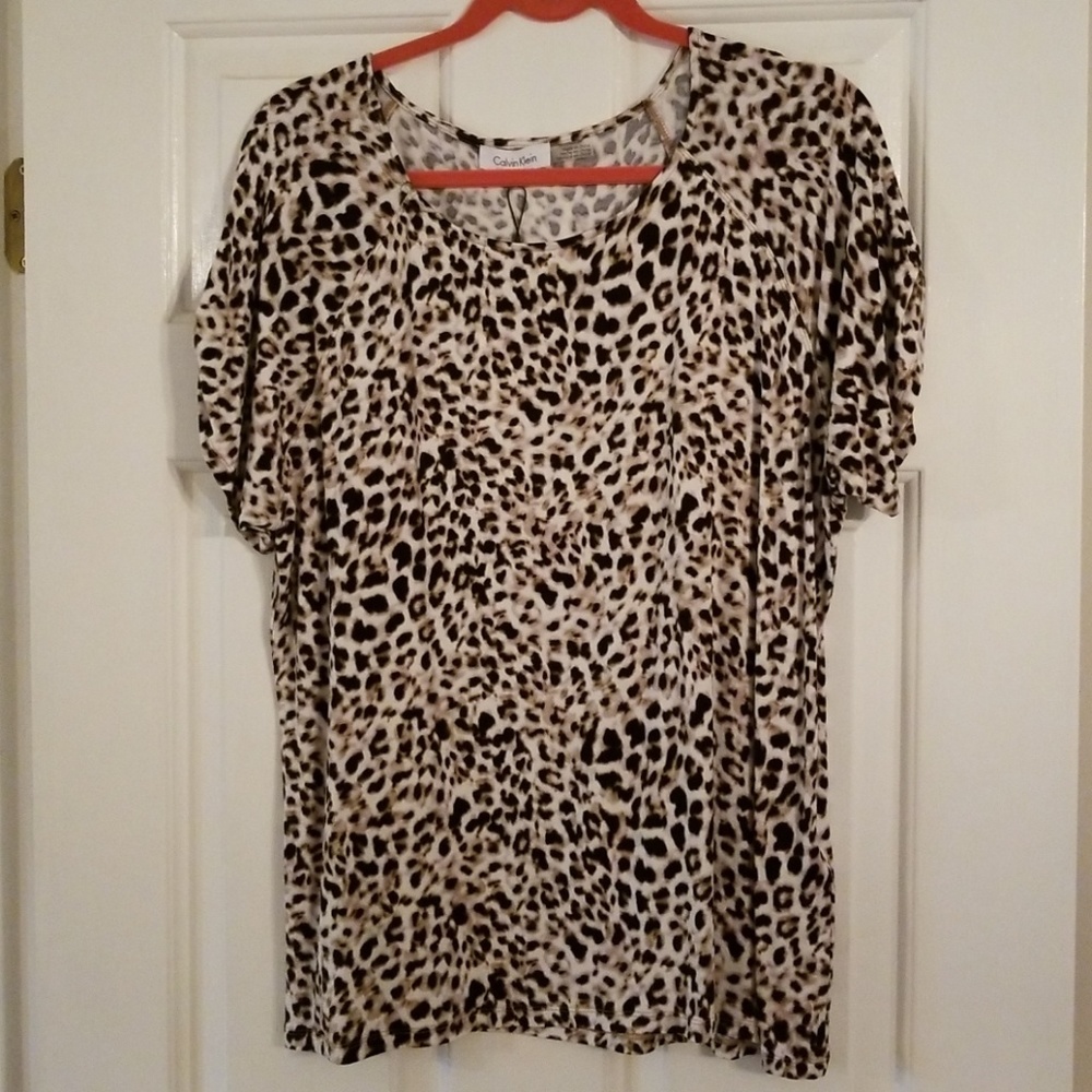 Calvin Klein Women's Leopard Print Short Sleeve Top - Black, Cream, Brown